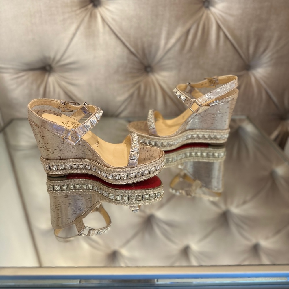 Christian Louboutin Silver Wedge Espadrilles PYRADIAMS 110 LIEGE PEPITE - Size 6 - Picture 2 of 9